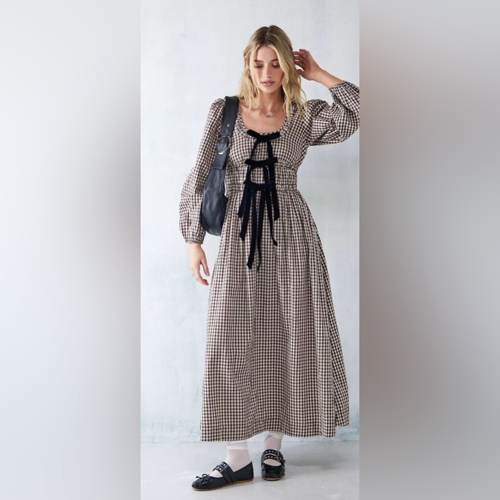 Damson Madder Dakota brown plaid Bow Midi Dress US size 8 - Picture 3 of 8